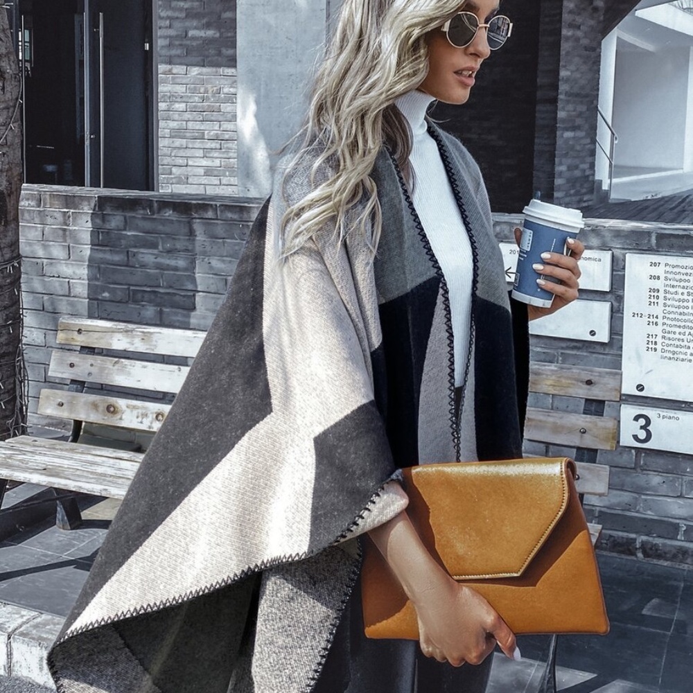 fall color block open front kimono poncho cardigan - Picture 9 of 11